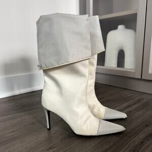 CHANEL Satin Sock White Grey Point Cap Toe Calf Booties 37 Pull On Metallic Trim